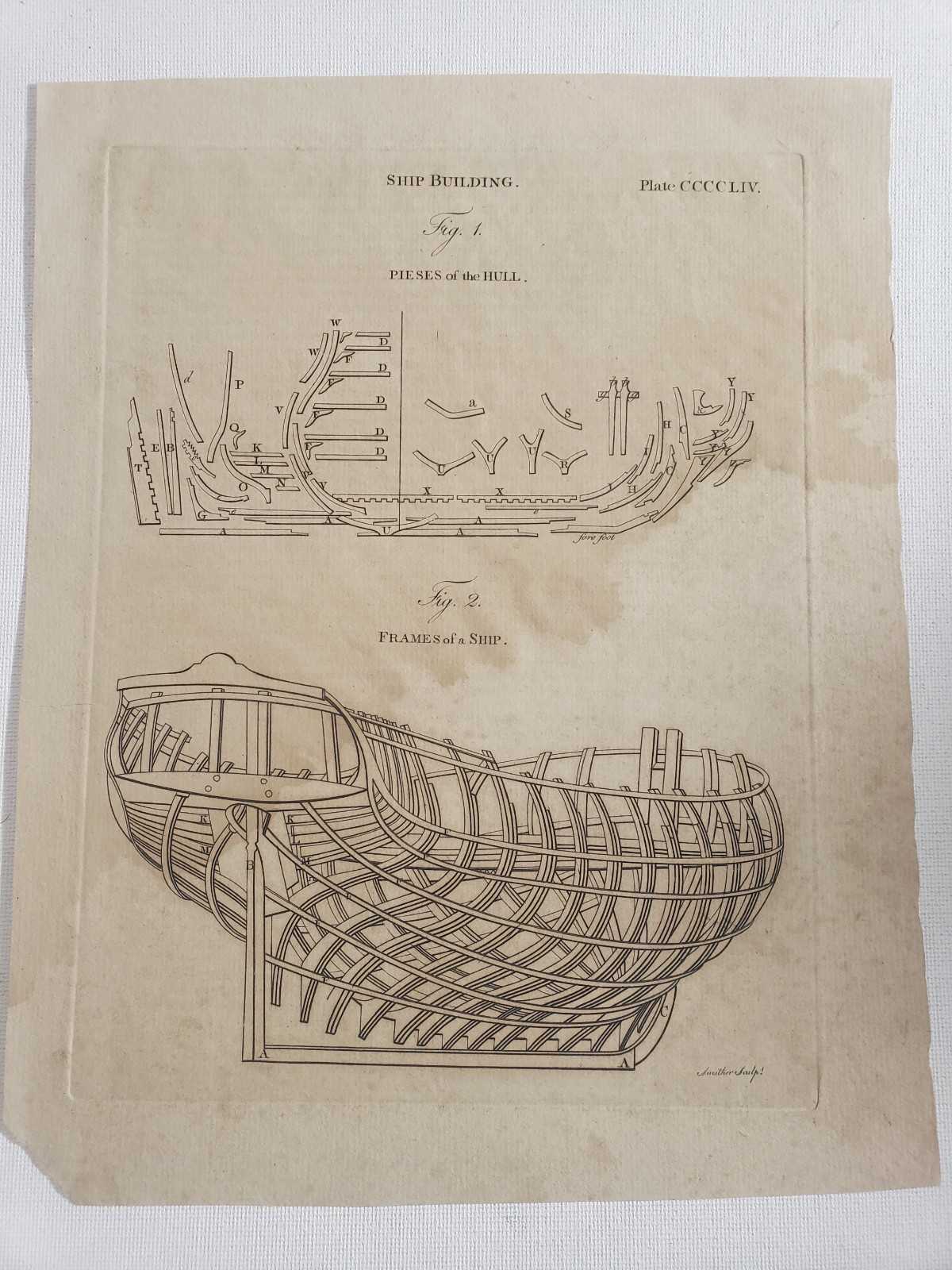 Antique 1790s Ship Hull Design Blueprint Copper Engraving Smither Sculpt