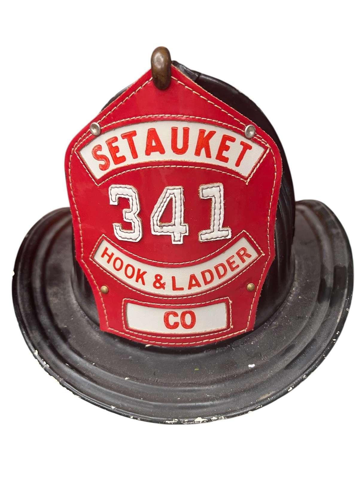Vintage Antique Cairns Setauket Fireman Helmet Leather Badge