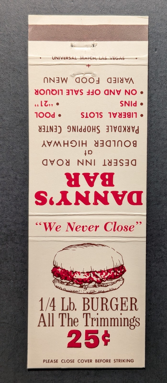 Vintage Danny's Bar Cheap Burgers Vegas Matchbook Cover