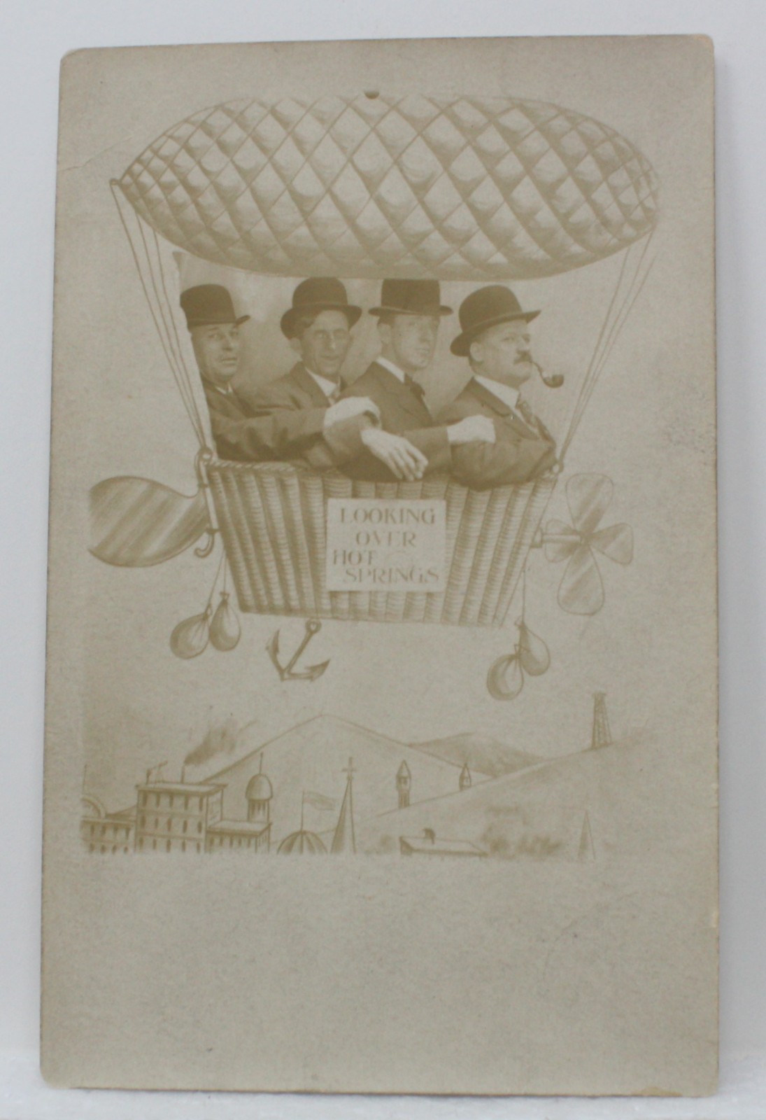 Vtg RPPC Handsome Men Hot Air Balloon Studio Photo Postcard Look Over Hot Spring Vtg RPPC Handsome Men Hot Air Balloon Studio Photo Postcard Look Over Hot Spring