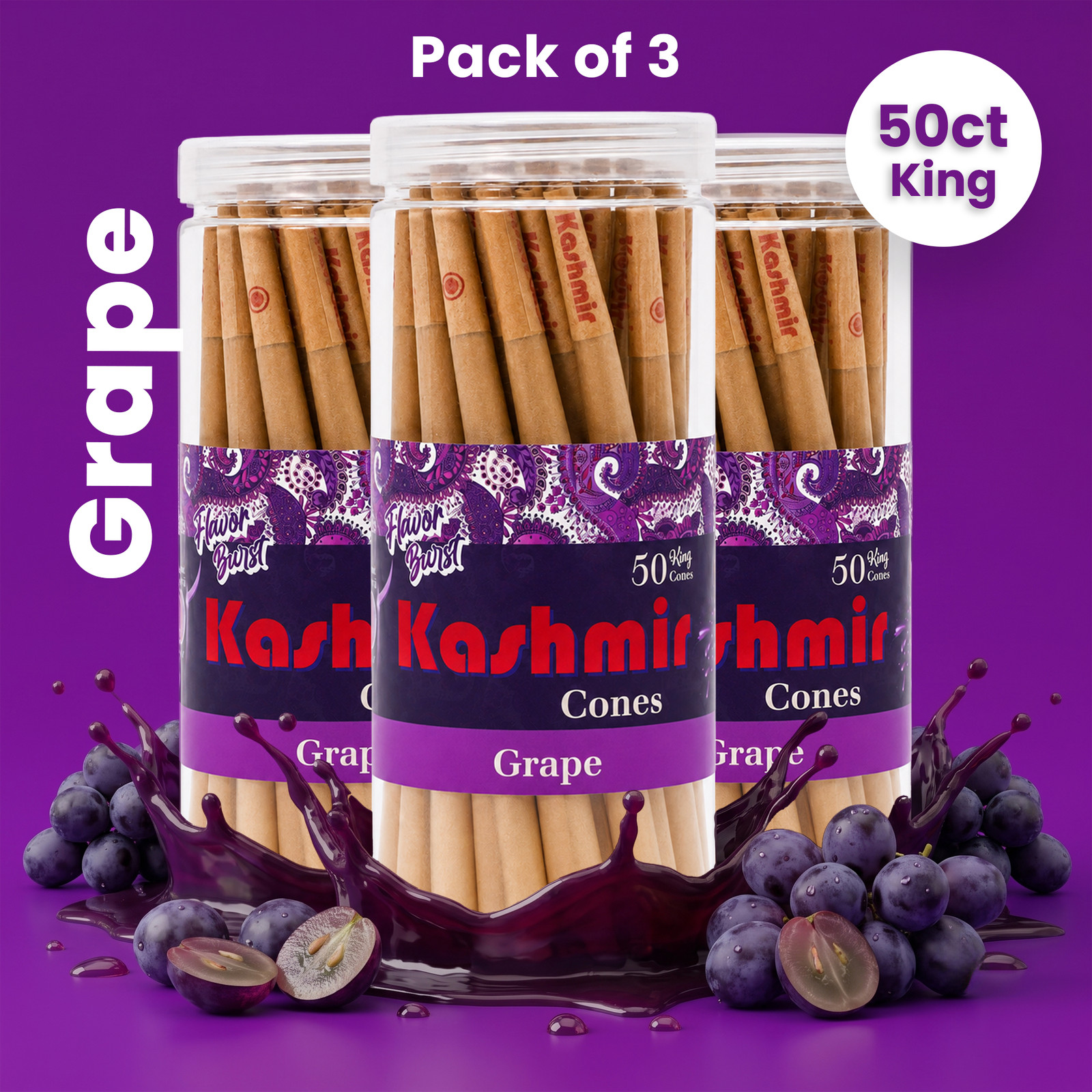 Pre Rolled Cones King Size Grape Flavored Rolled Paper Cone 50 Ct x 3 Jars