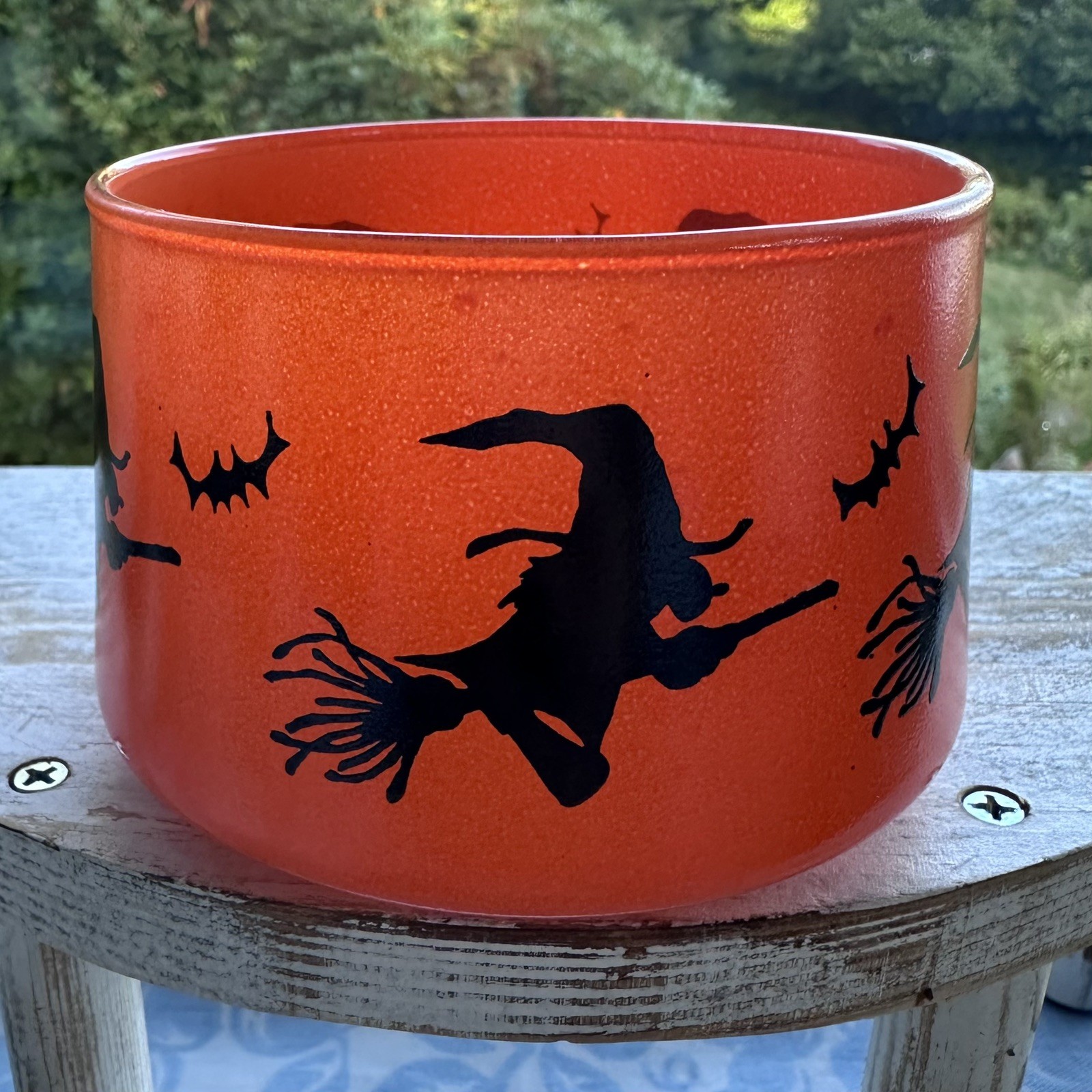 Vintage Halloween Indiana Glass Witch Bat Candy Jar No Lid 4” HazelAtlas Orange Vintage Halloween Indiana Glass Witch Bat Candy Jar No Lid 4” HazelAtlas Orange