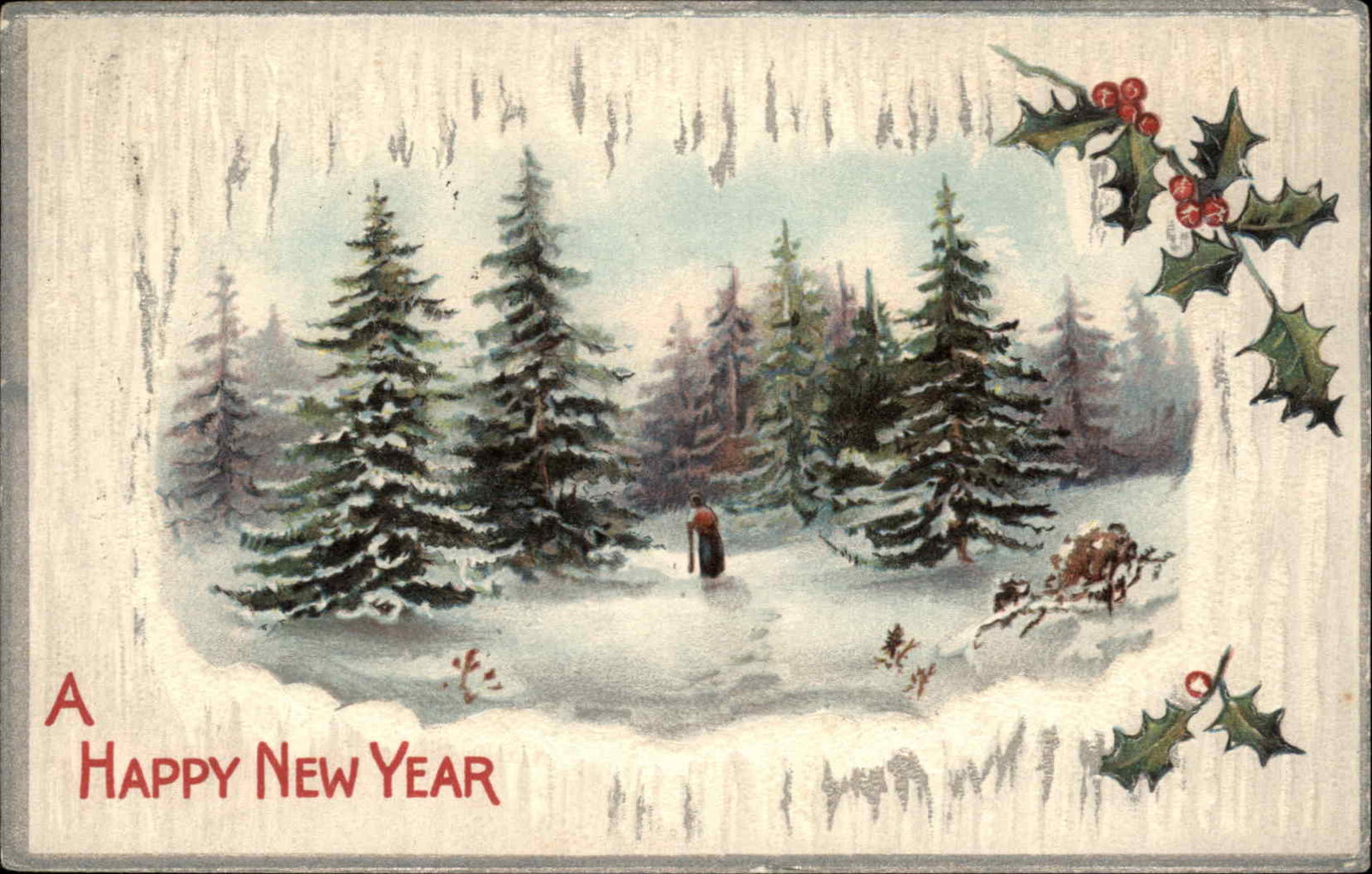 New Year's Winter Woods Scene Holly Embossed c1900s-10s Postcard