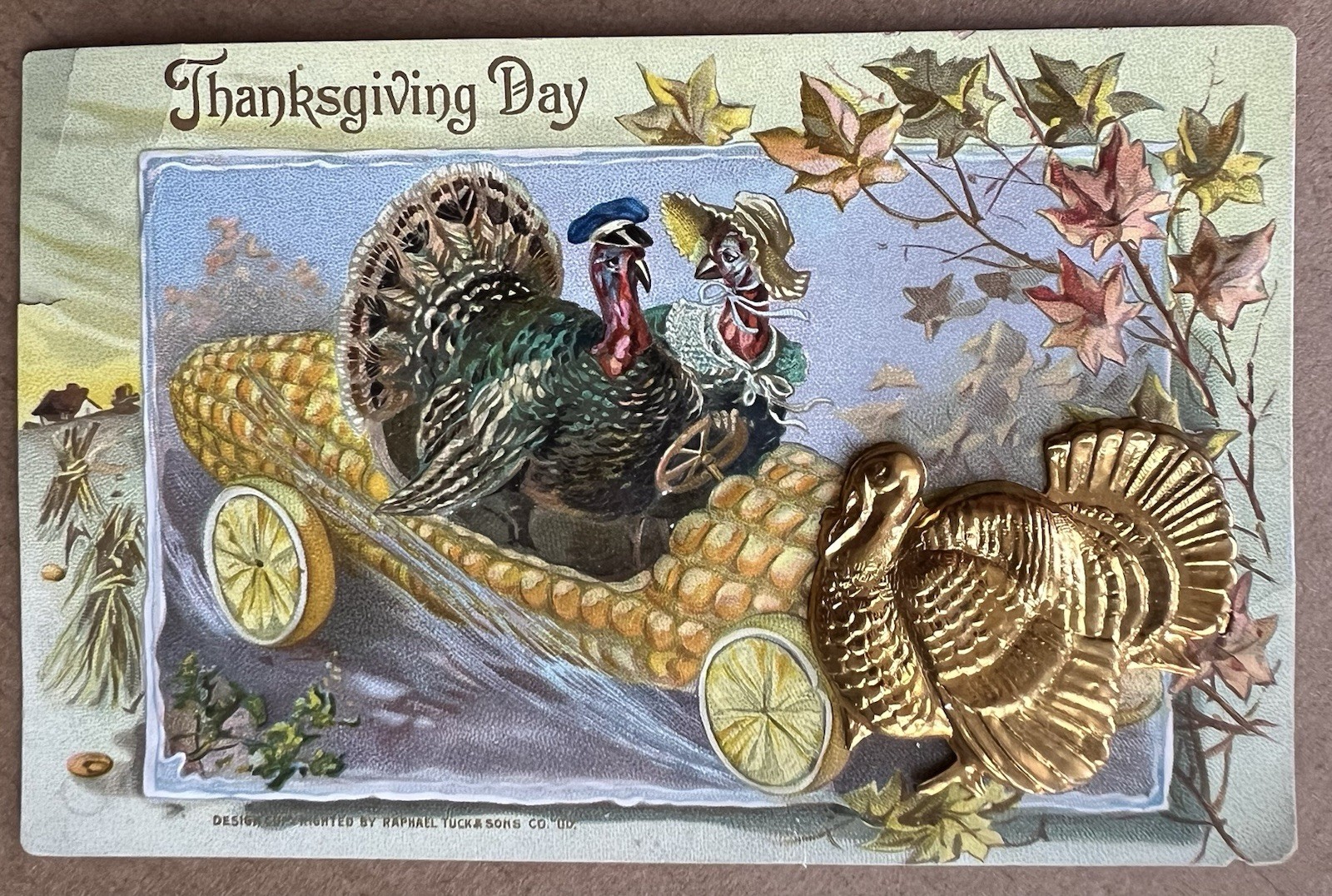 Antique Raphael Tuck Thanksgiving Postcard 175 Metallic Turkey Corn Cob Car