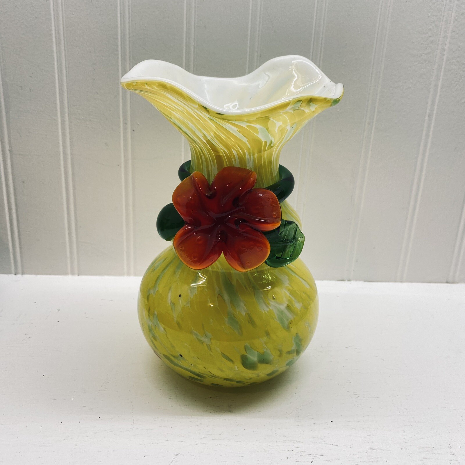 Yellow Cased Glass Vase Hand Blown Applied Rose Vine Swirl Bouquet