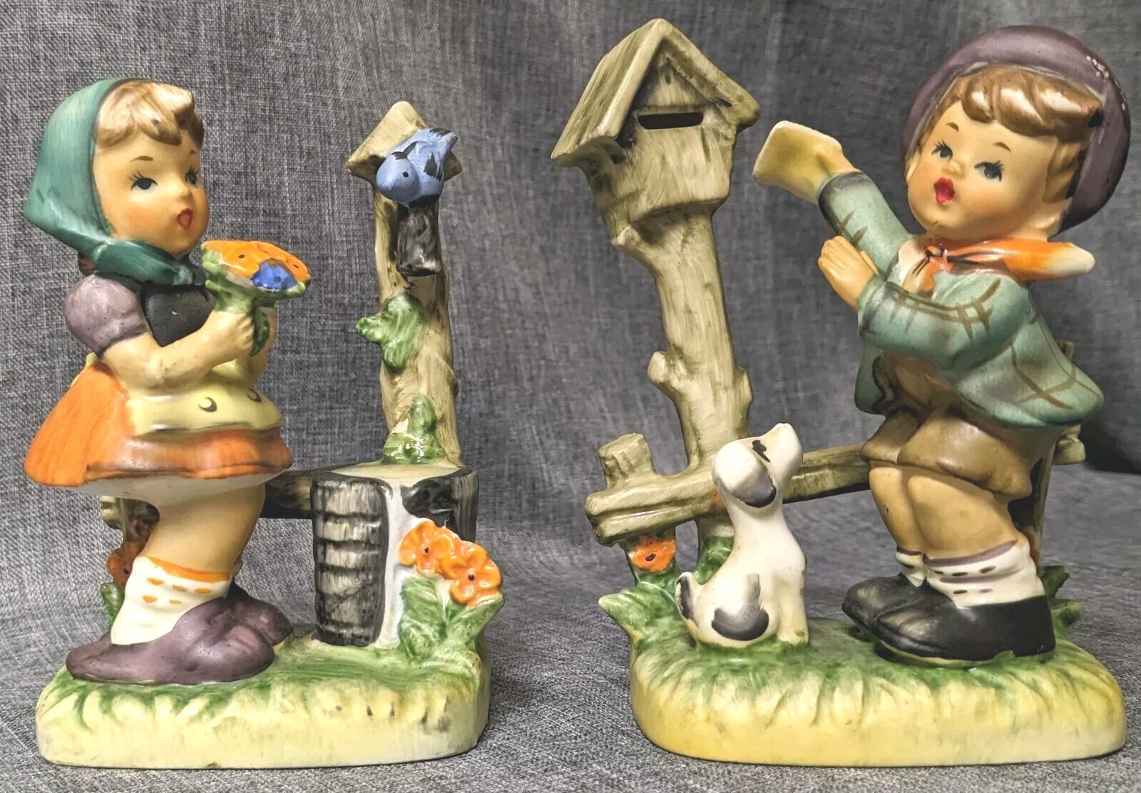 Vintage Nanco Japan Hummel Style Ceramic Figurines Boy with Dog Girl by Well