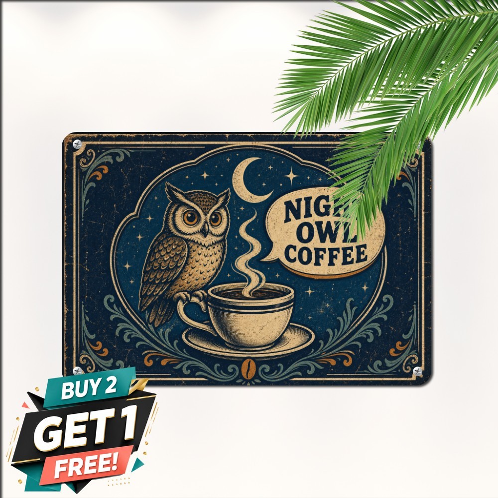 Night Owl Cafe Midnight Coffee Cup Crescent Stars Retro Metal Tin Sign