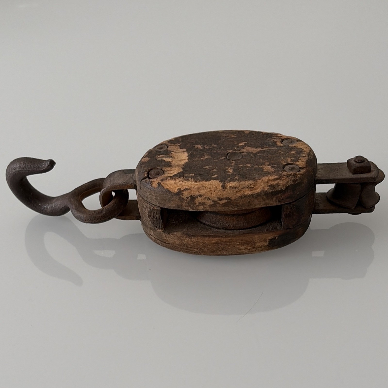 Vintage Nautical Wooden Pulley Block Tackle Sheave with Metal Hook