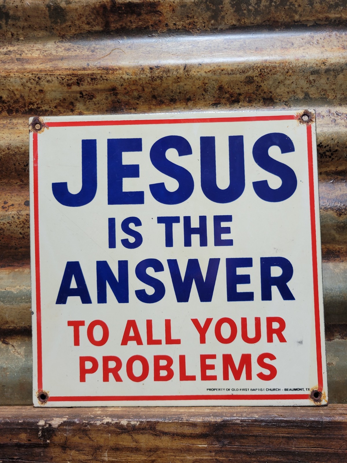 VINTAGE JESUS PORCELAIN SIGN OLD BAPTIST CHURCH RELIGIOUS BIBLE BEAUMONT TX GOD
