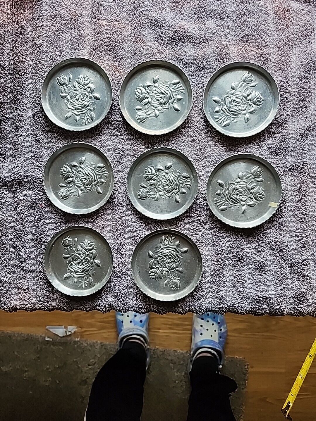 Vintage Small Hammered Aluminum Coaster/Tray Floral Roses Pattern SET Of 8