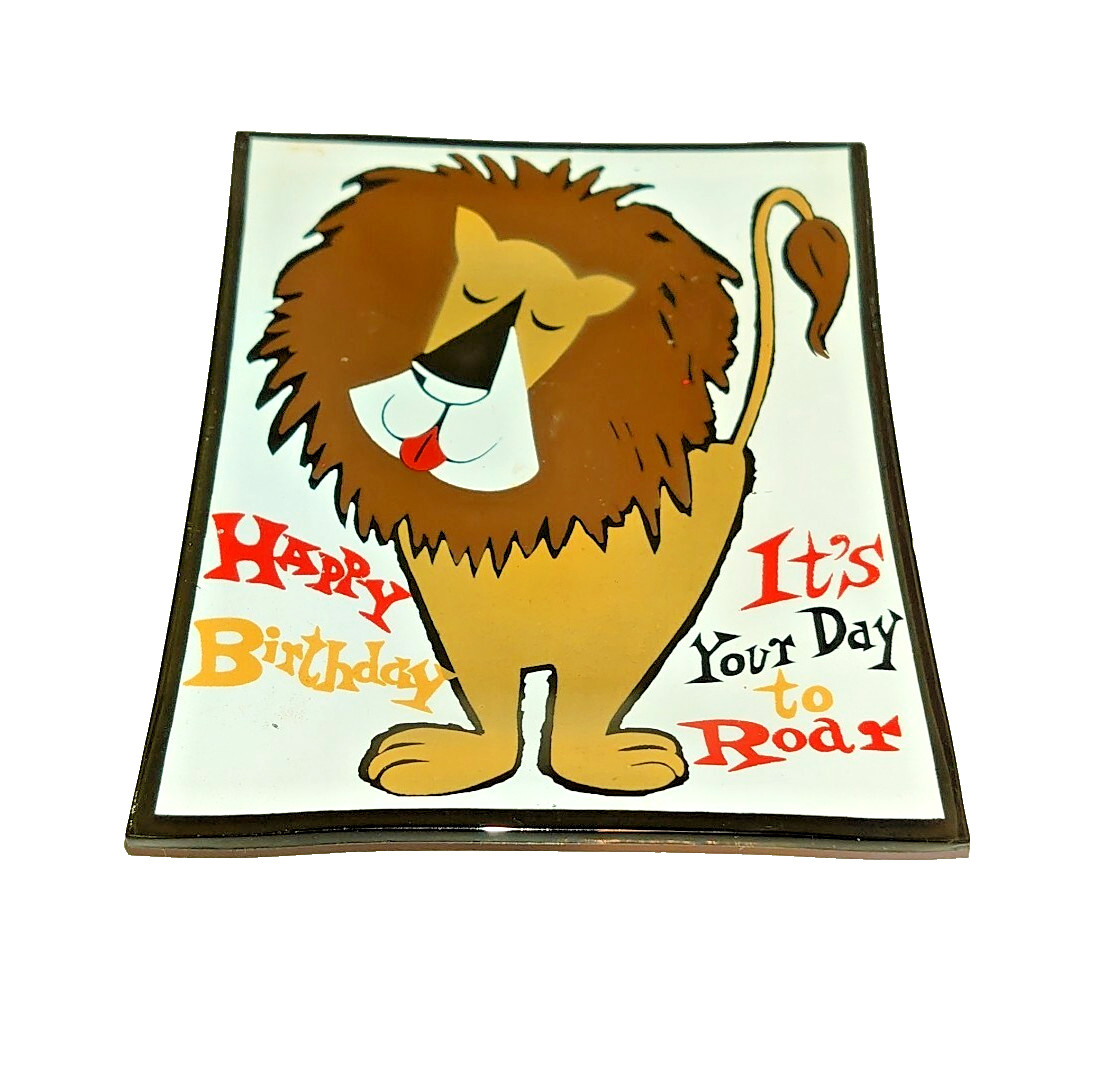 Wm Box Houze Vtg 1960s Art Glass Happy Birthday Ashtray/ Trinket Dish w/Lion