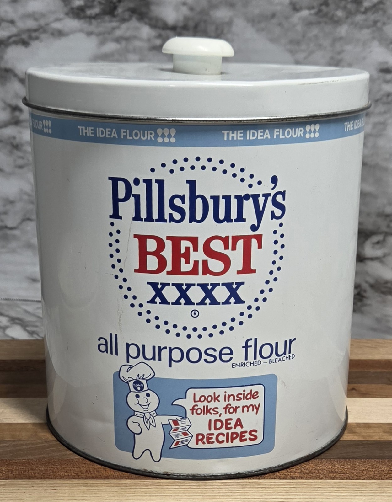 Vtg Large Pillsbury's Best Tin Can Container With Lid Round Distressing 