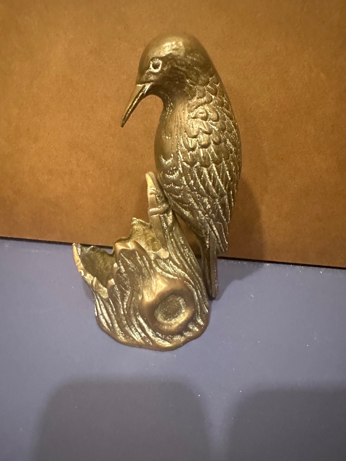 Vintage MCM Brass Woodpecker Bird Tree Trunk Stump Brass Vase Holder 7”