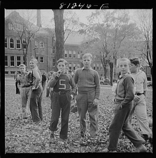 Photo:Little Falls New York 1940s boys in schoolyard leaf pile FSA