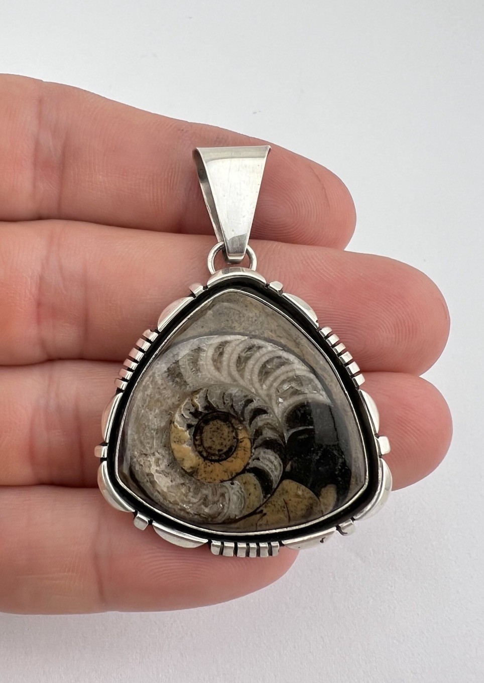 Vintatge Navajo Sterling Silver Ammonite Fossil Double Stack Pendant 2 1/8\