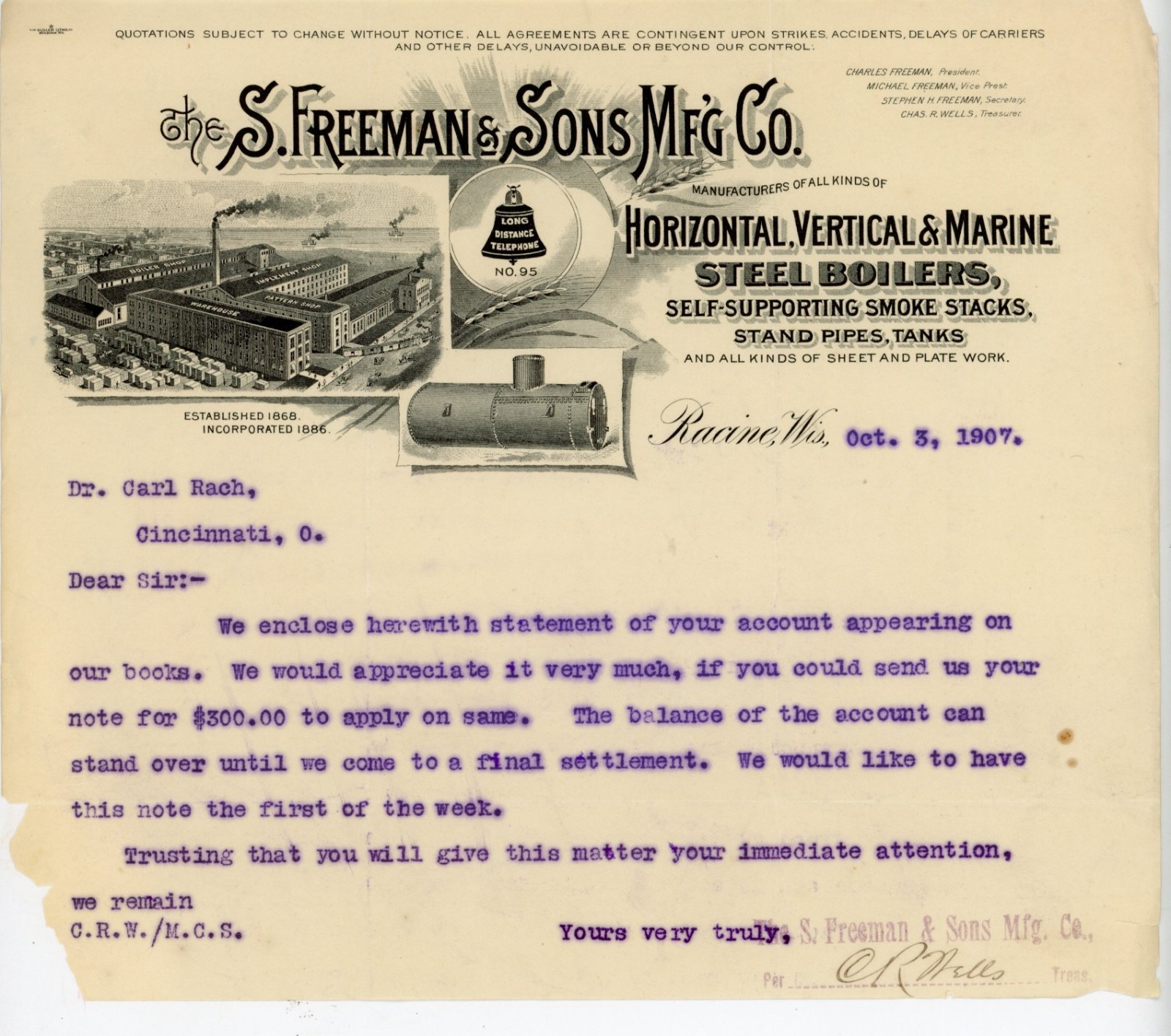 1907 S Freeman & Sons Mfg Co Racine WI Letterhead Steel Boilers Industrial Art 1907 S Freeman & Sons Mfg Co Racine WI Letterhead Steel Boilers Industrial Art