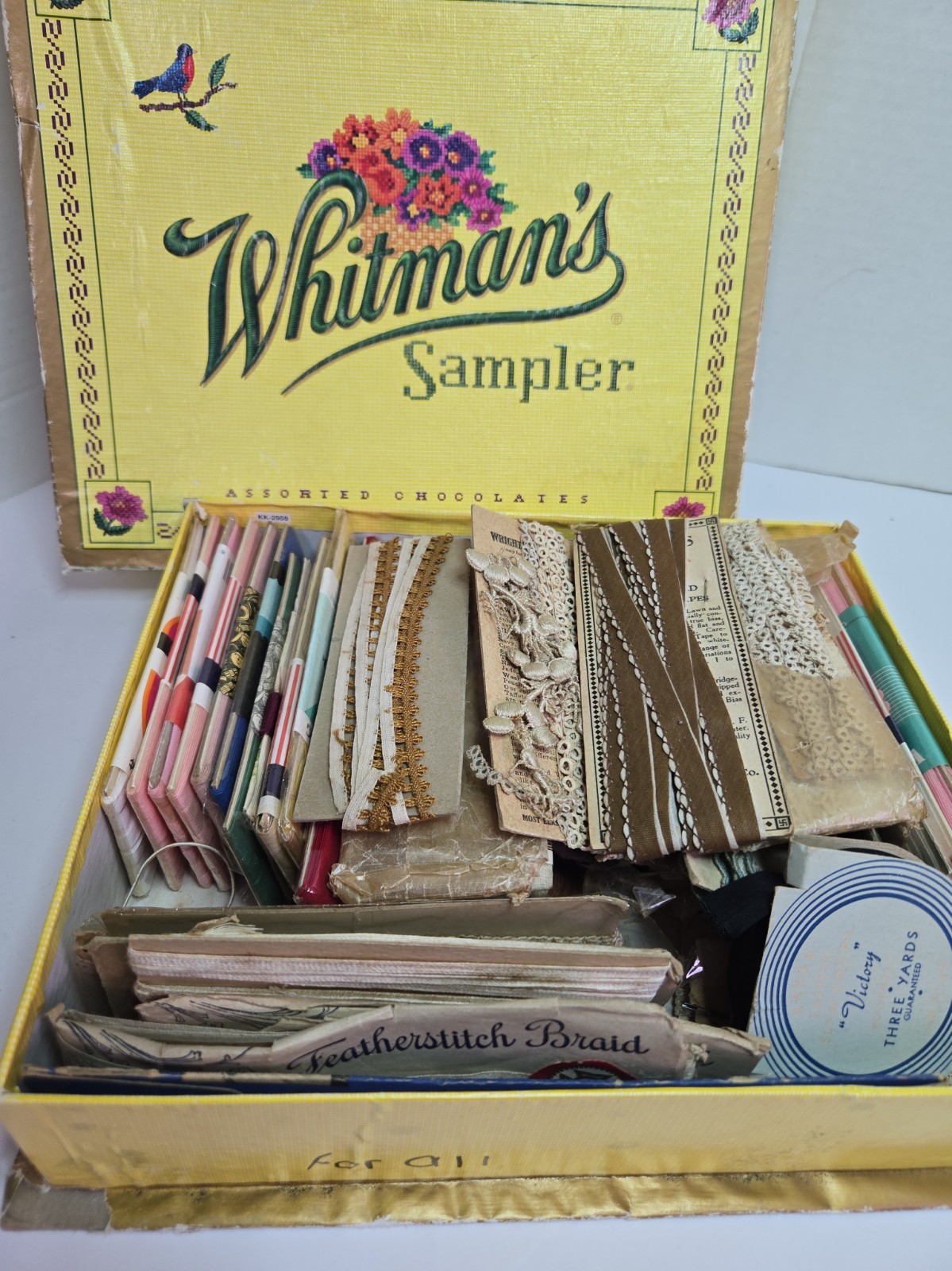 Antique Victorian Sewing Box Lot: Lace Ribbon & bias Tape 