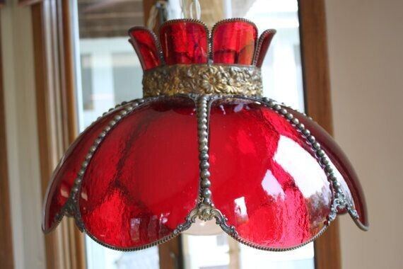 Vintage Ruby Red Glass Scalloped Antiqued Brass Beaded Metal Swag Lamp 70'