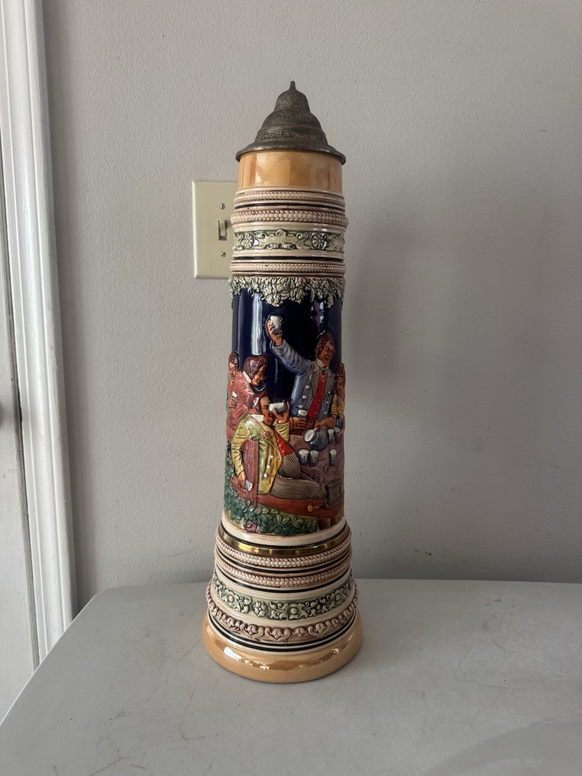 Vintage Large 5L Gerz Pewter Lidded German Ceramic Beer Stein