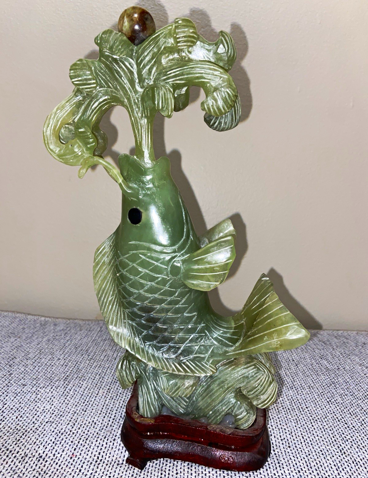 Chinese Antique Green Celadon Jade Leaping Fish with Lotus and Aquatic Foliage 