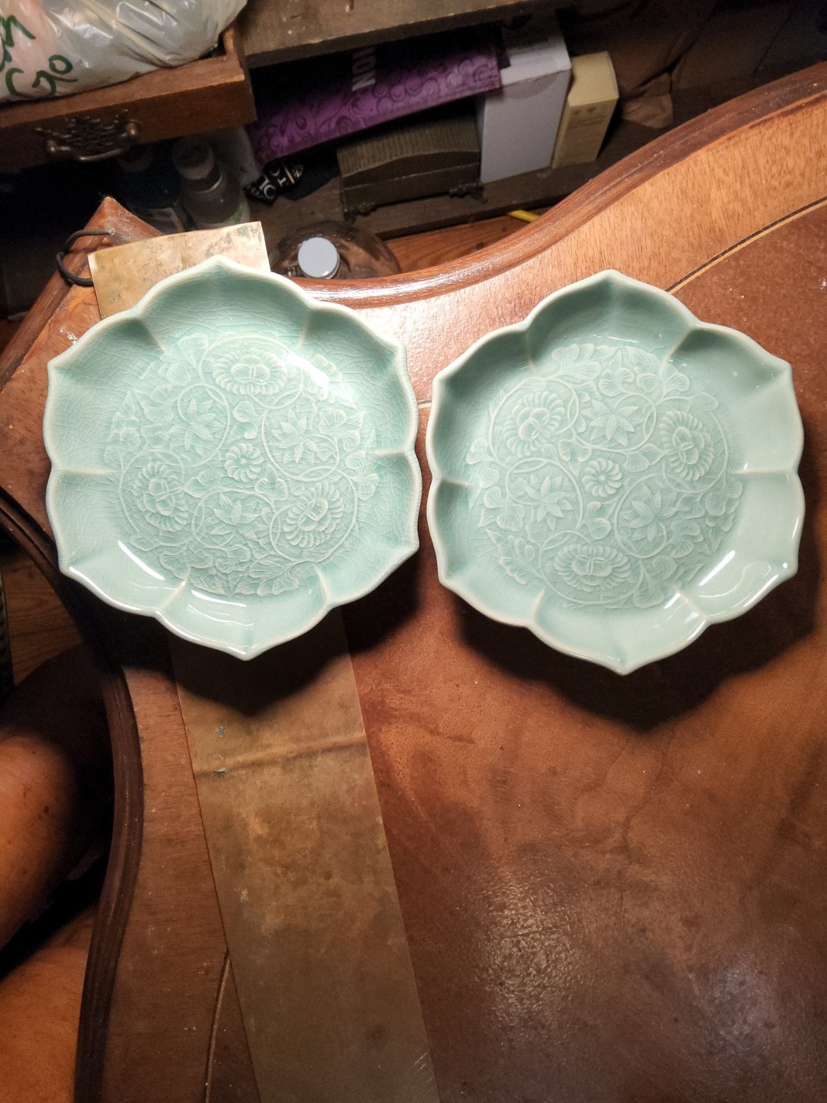 Set Of 2 Signed Korean Celadon Plates Lotus Scalloped Peony Relief Kwon Tae-hyun