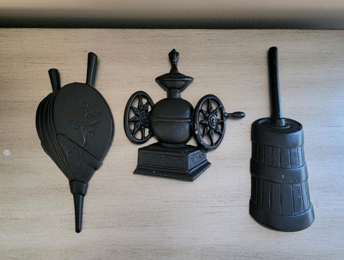 3 Vintage Sexton Cast Iron Wall Hangings Black Rustic Farmhouse Cottage Decor
