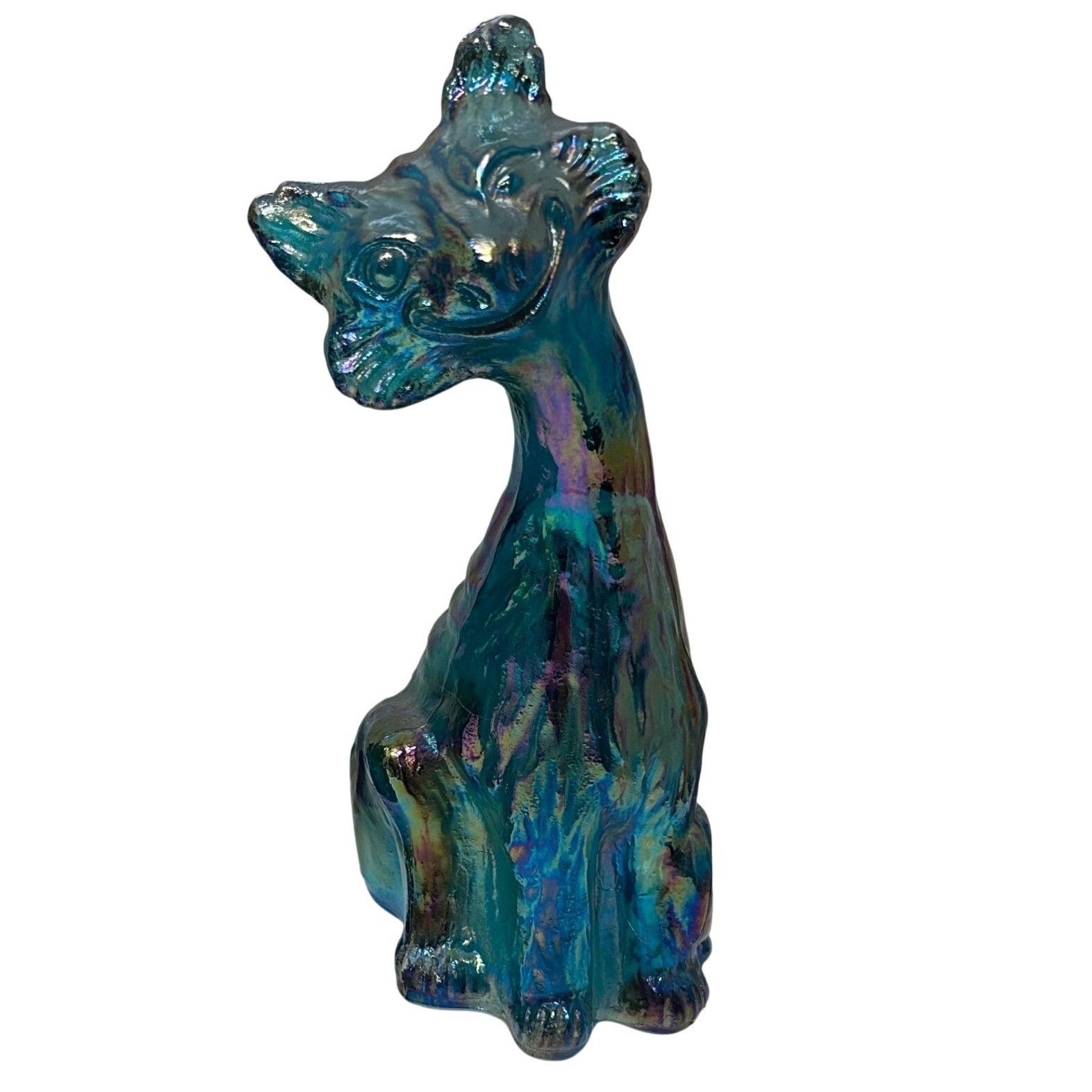 Fenton Teal Iridescent Carnival Glass Alley Cat Figurine 11 Inch Vintage USA