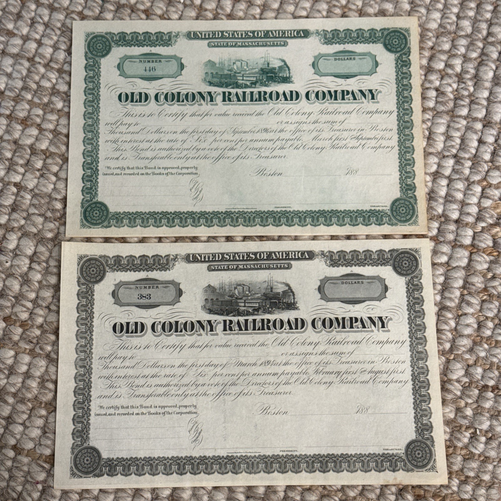 2- Old Colony Railroad Bonds 1880’s #383 #446 Unissued MA RI New England History