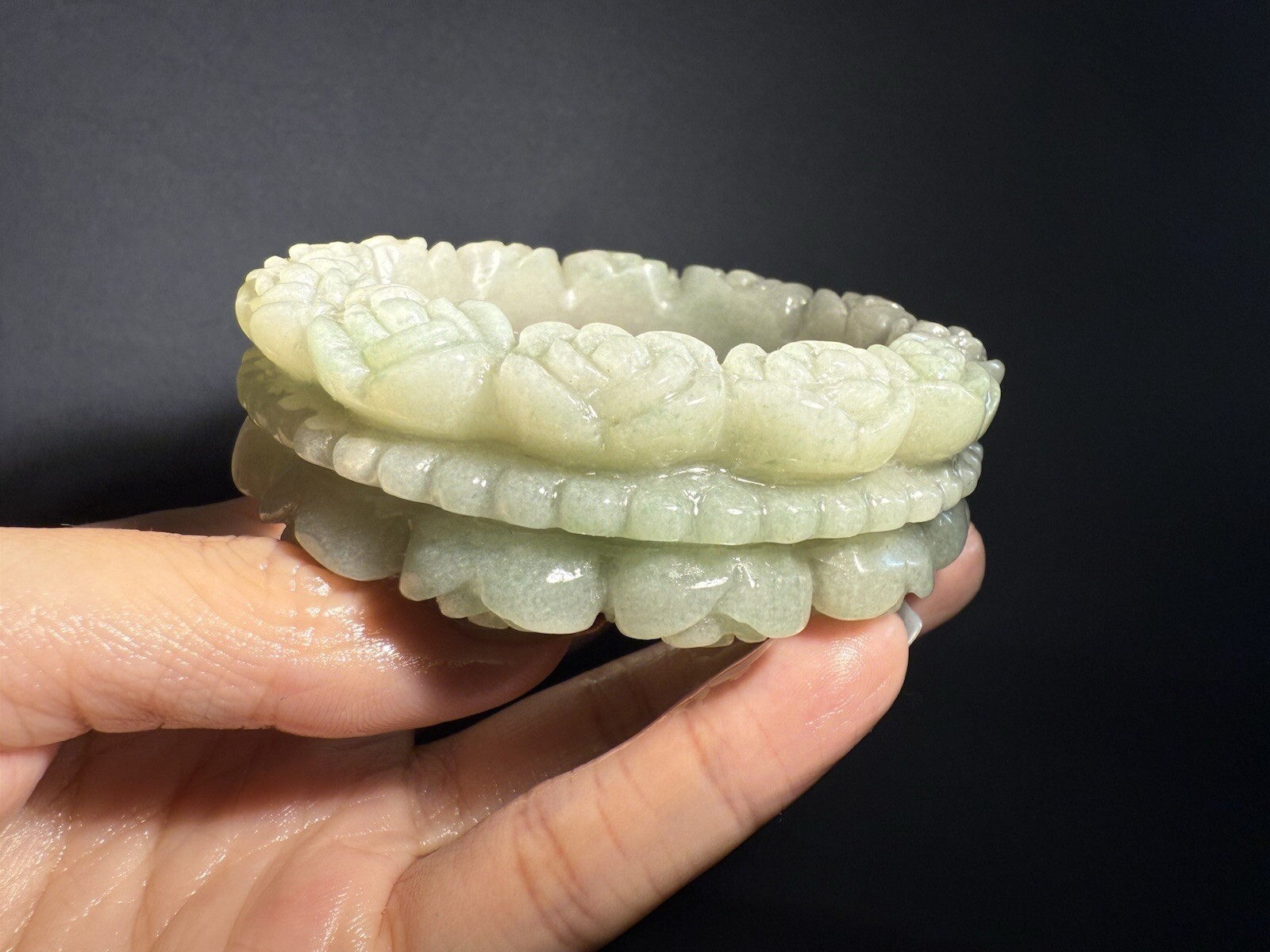 60mm Natural Mongolian Jade Bangle/Shetei Cui/Fine Hand Carved Flowers