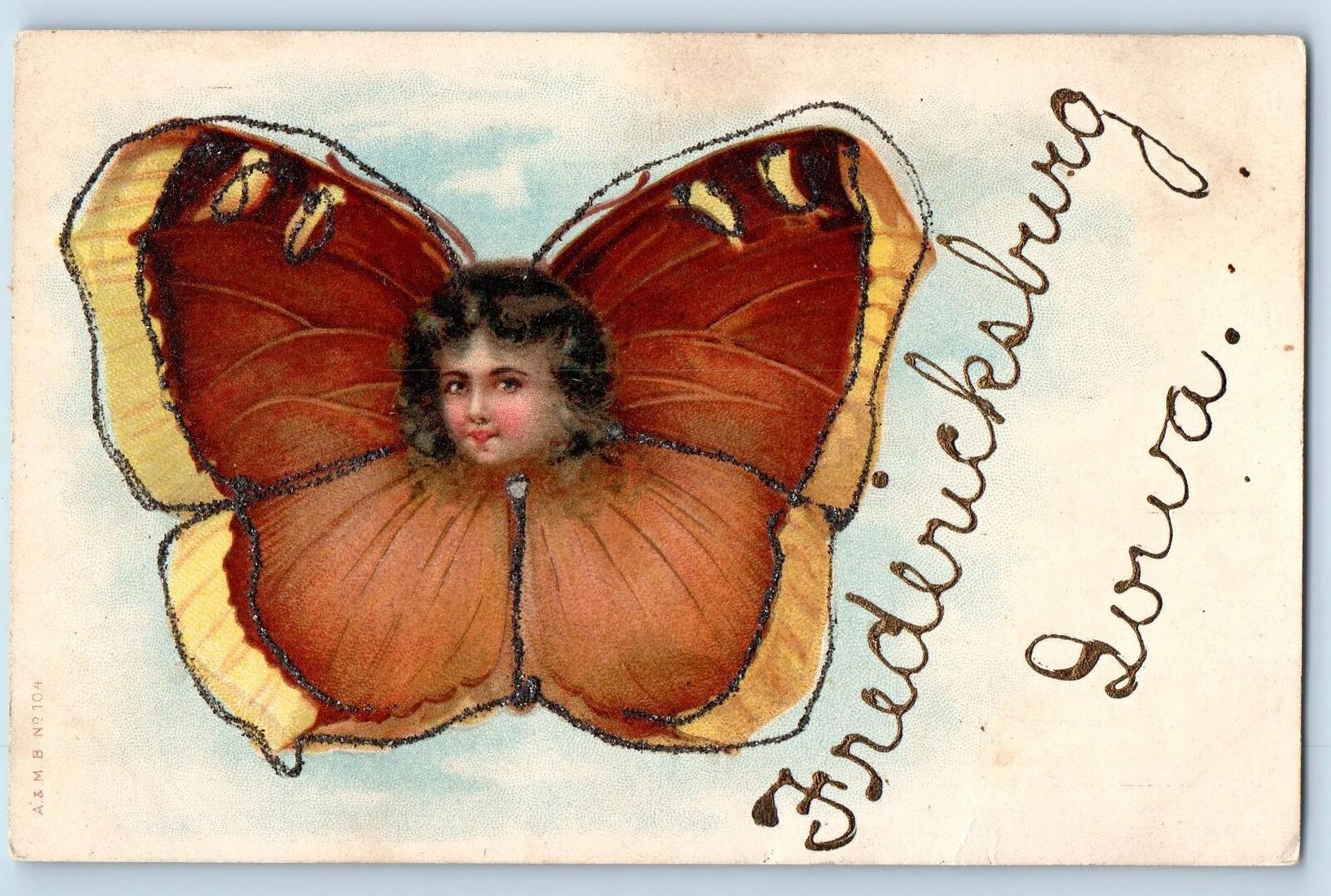 Fredericksburg Iowa IA Postcard Greetings Butterfly Wings And Face Scene c1910\'s