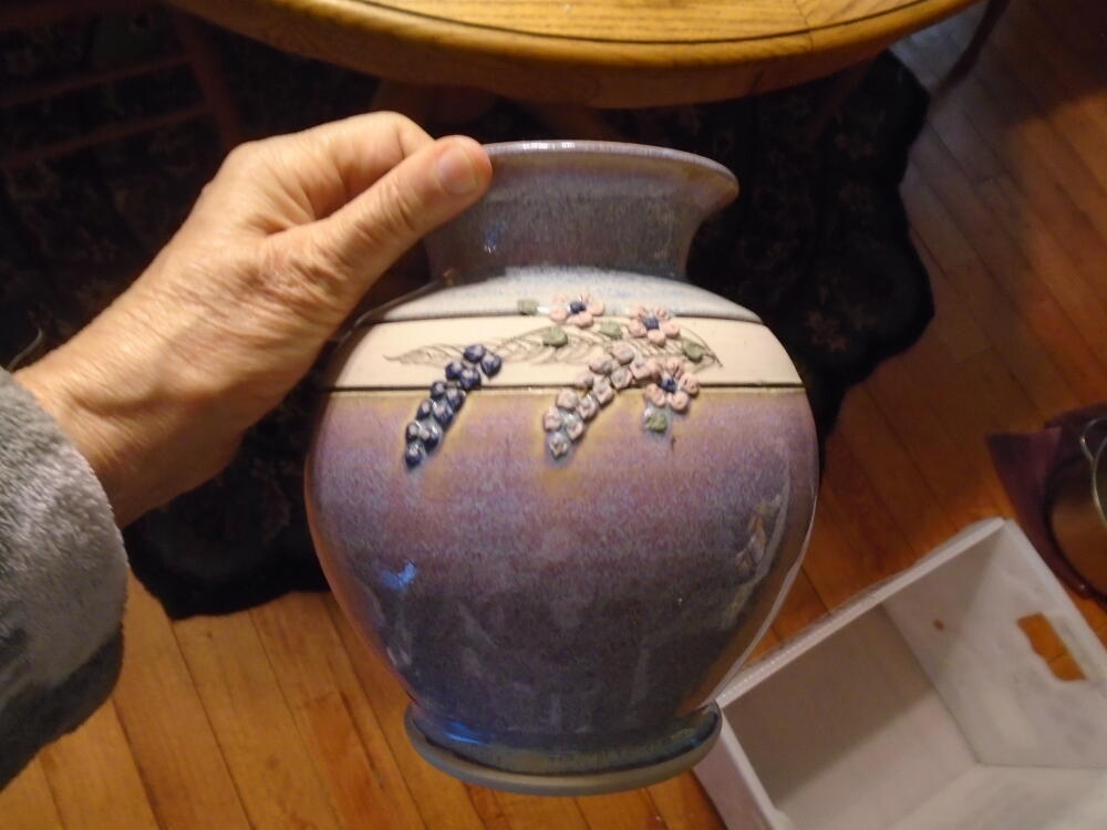 Gorgeous Studio Pottery Vase with Applied Wild Flowers Purple Blue 7.5  ID:92695