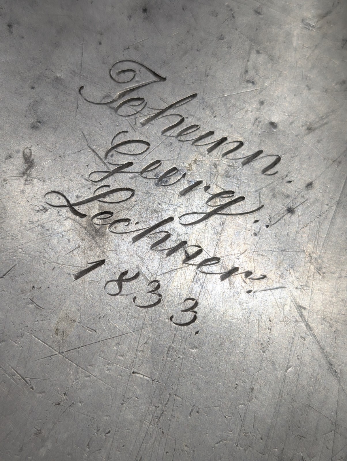 Antique 1833 German Etched Pewter 11\'\' inch Huge Flask - Johann Georg Lechner