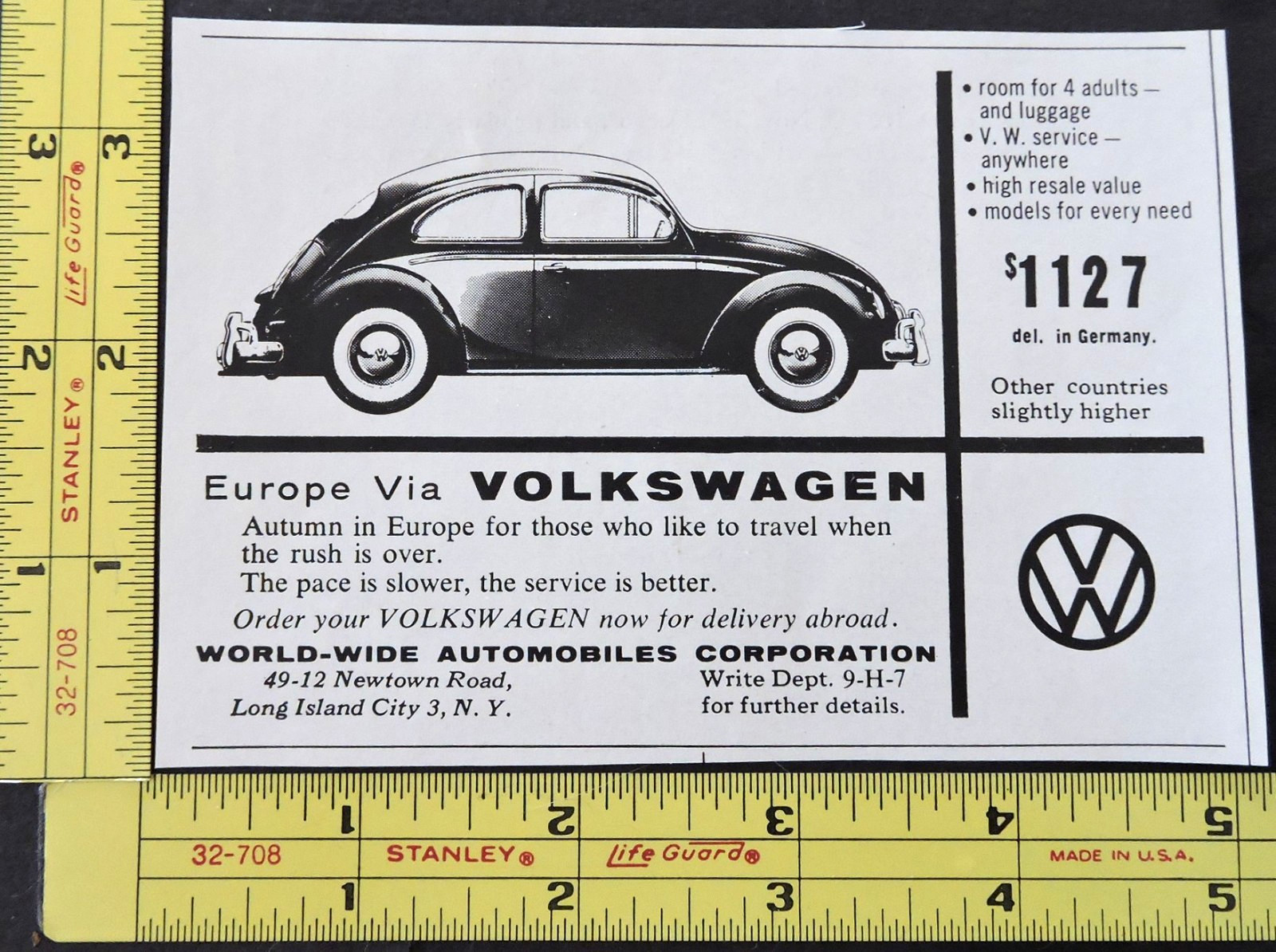 Vtg 1957 Print Ad - Volkswagen VW Bug Long Island City NY w/price