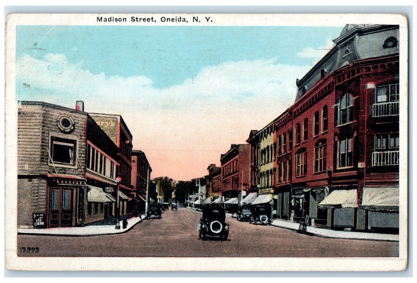 c1920 Busy Day Madison Street Classic Cars Buildings Oneida New York NY Postcard