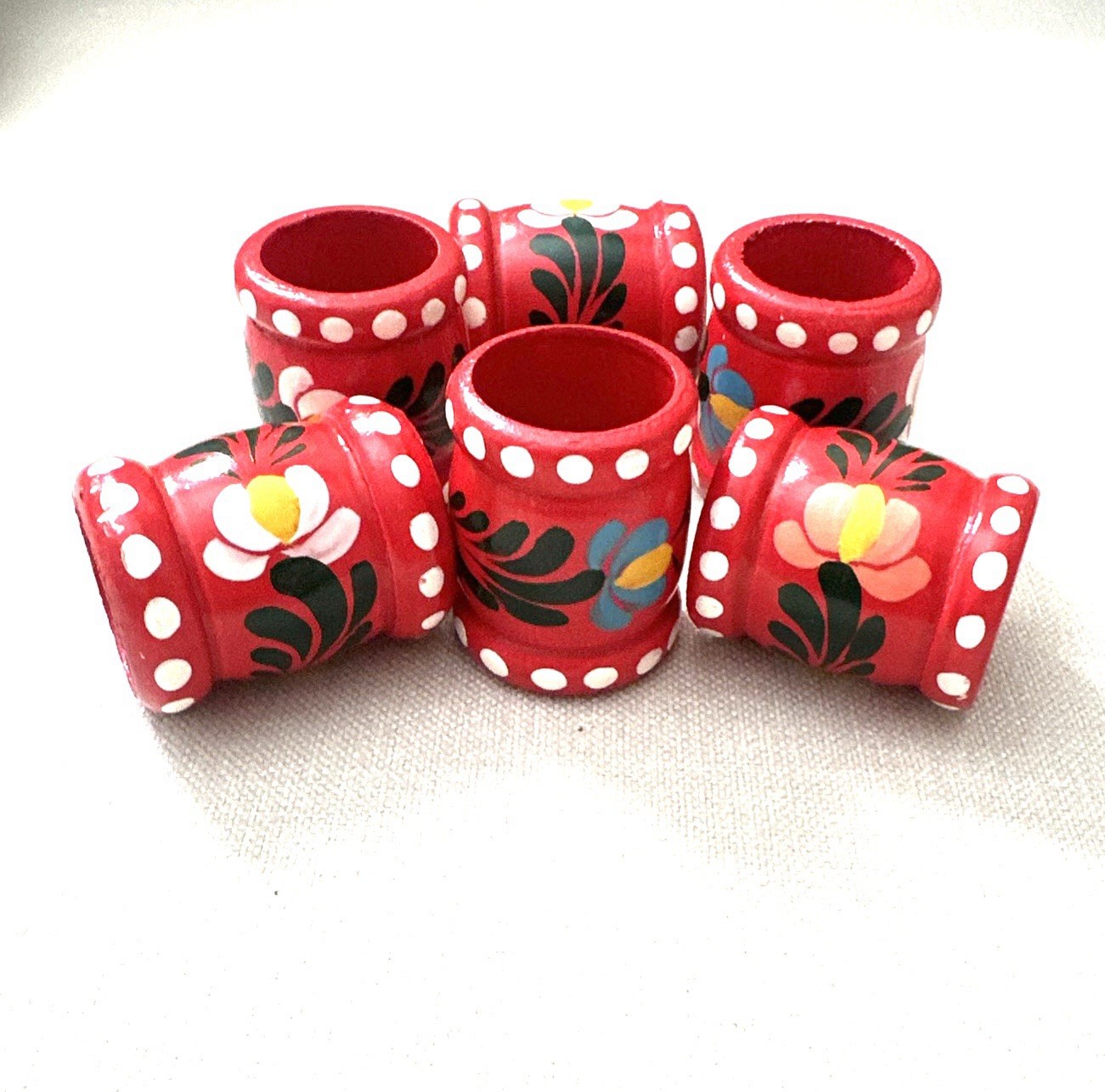 Vintage Hand-Painted Wooden Napkin Rings Set of 6 Red Floral Folk Art