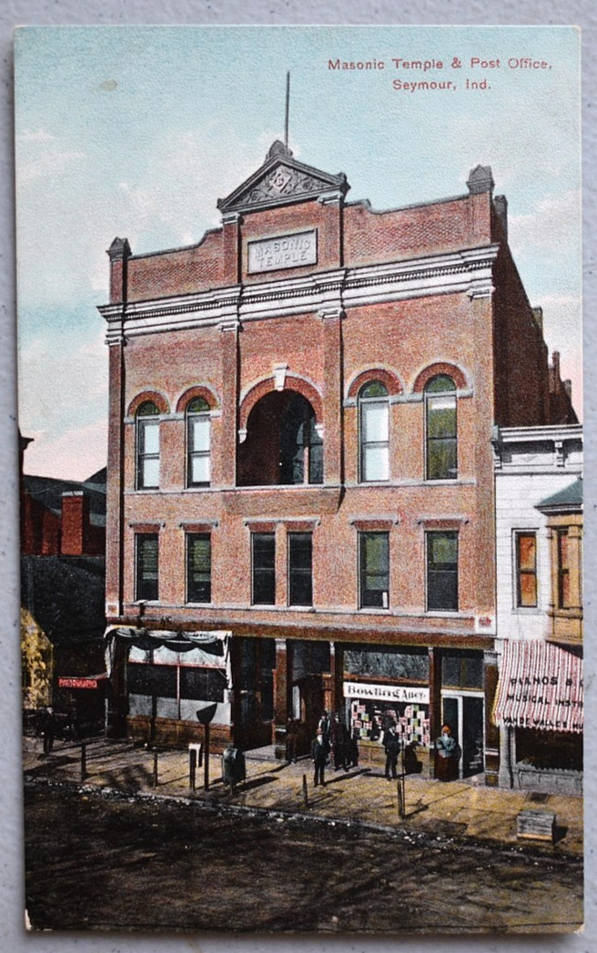 Masonic Temple & Post Office Street Scene Postcard Circa 1910 Seymour Indiana
