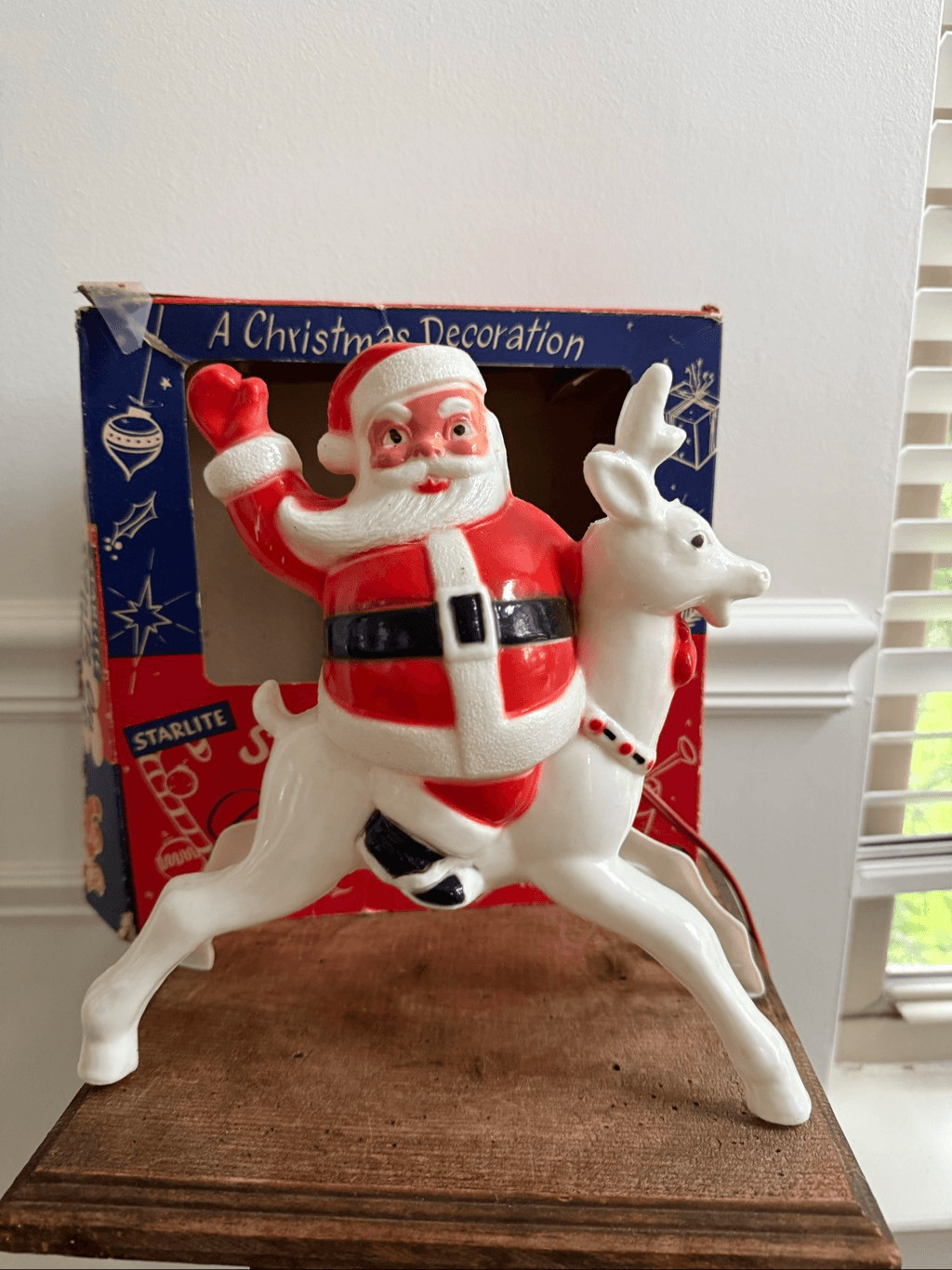 Vintage 50s Starlite Plastic Santa Claus Reindeer Christmas Decoration with Box