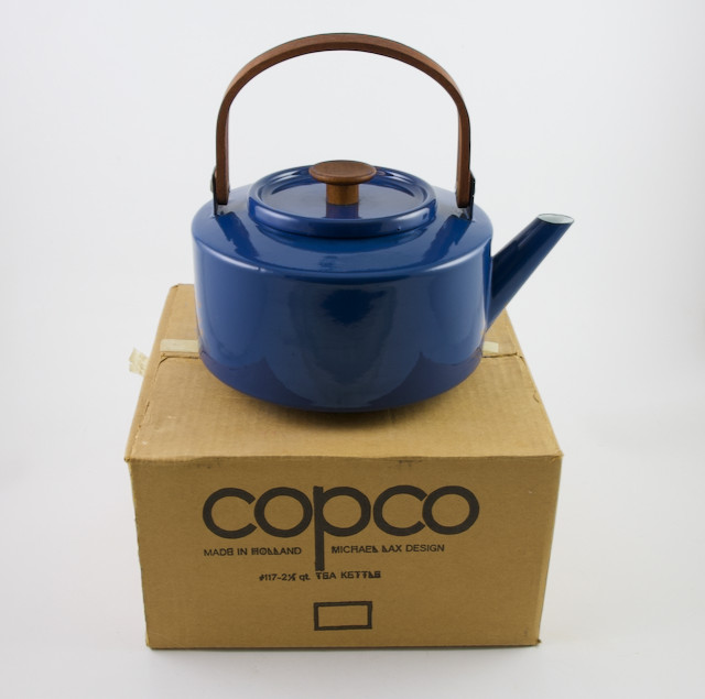 Vtg Copco Michael Lax Designs Holland Blue Enamel Tea Kettle Teak Hand In Bx NOS