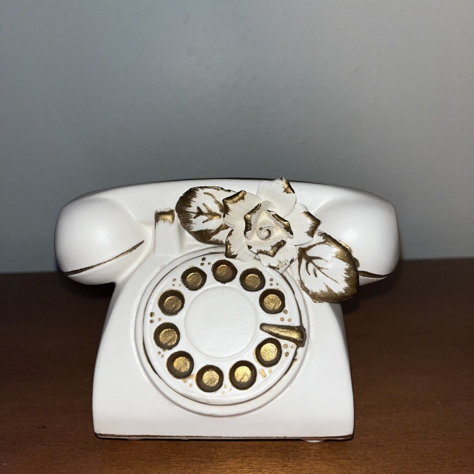 Vintage Heftons White Ceramic Rotary Phone Planter Gold Accents 1950/1960s