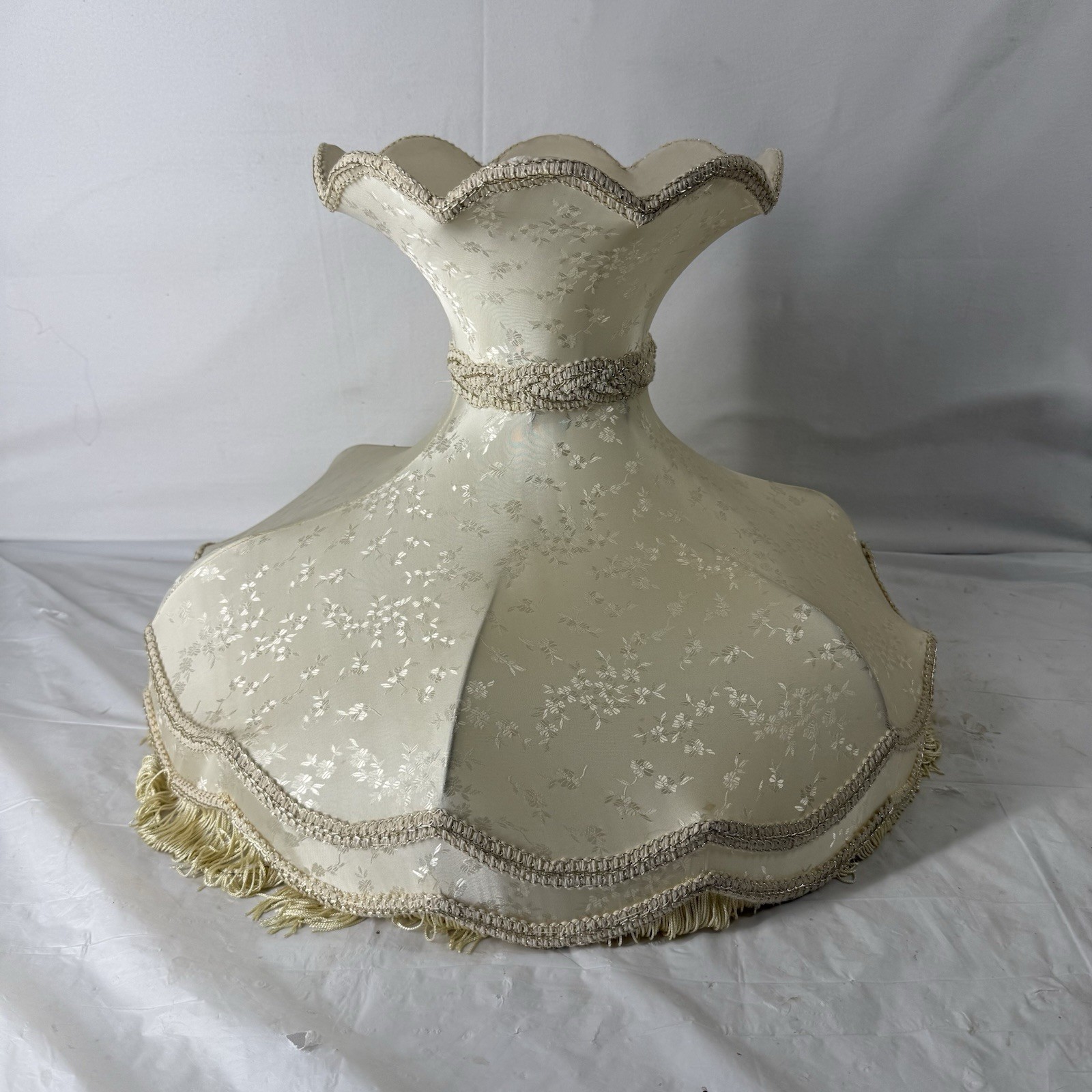 E1 Large Antique Victorian Parlor Lamp Shade Brocade Floral Fringes Metal Frame