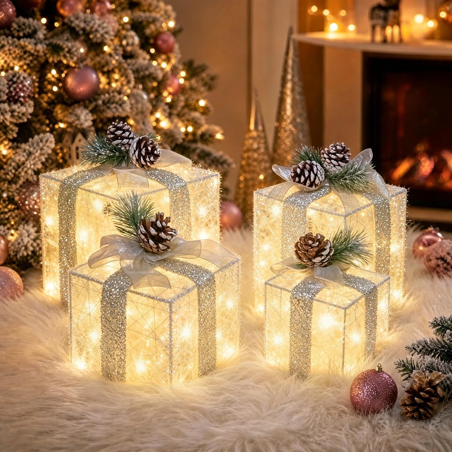 4 Pack Christmas Lighted Gift Boxes – Battery Operated, Timer, Warm White 4 Pack Christmas Lighted Gift Boxes – Battery Operated, Timer, Warm White
