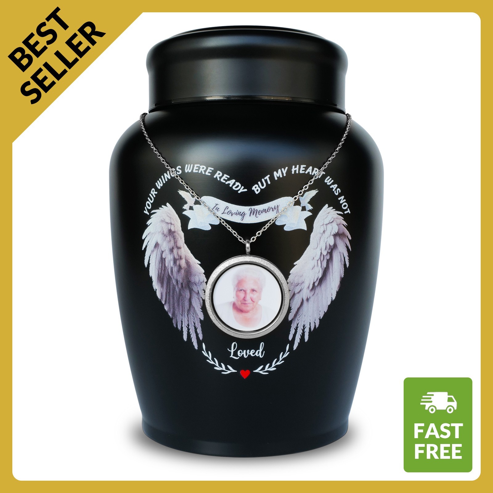 Large Urn with Photo Necklace Human Ashes Adult 180lbs - Best Offer Angel Wings