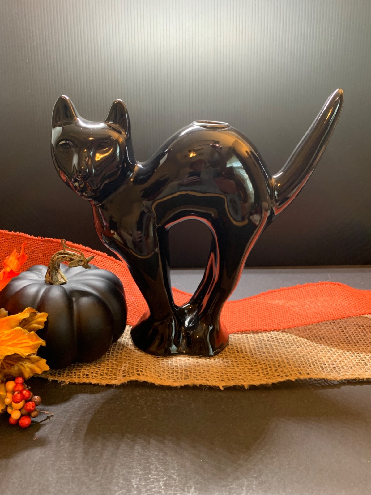 Vtg. McCoy Limited Ceramic Black Cat Candle Holder, Arched Back 8.5