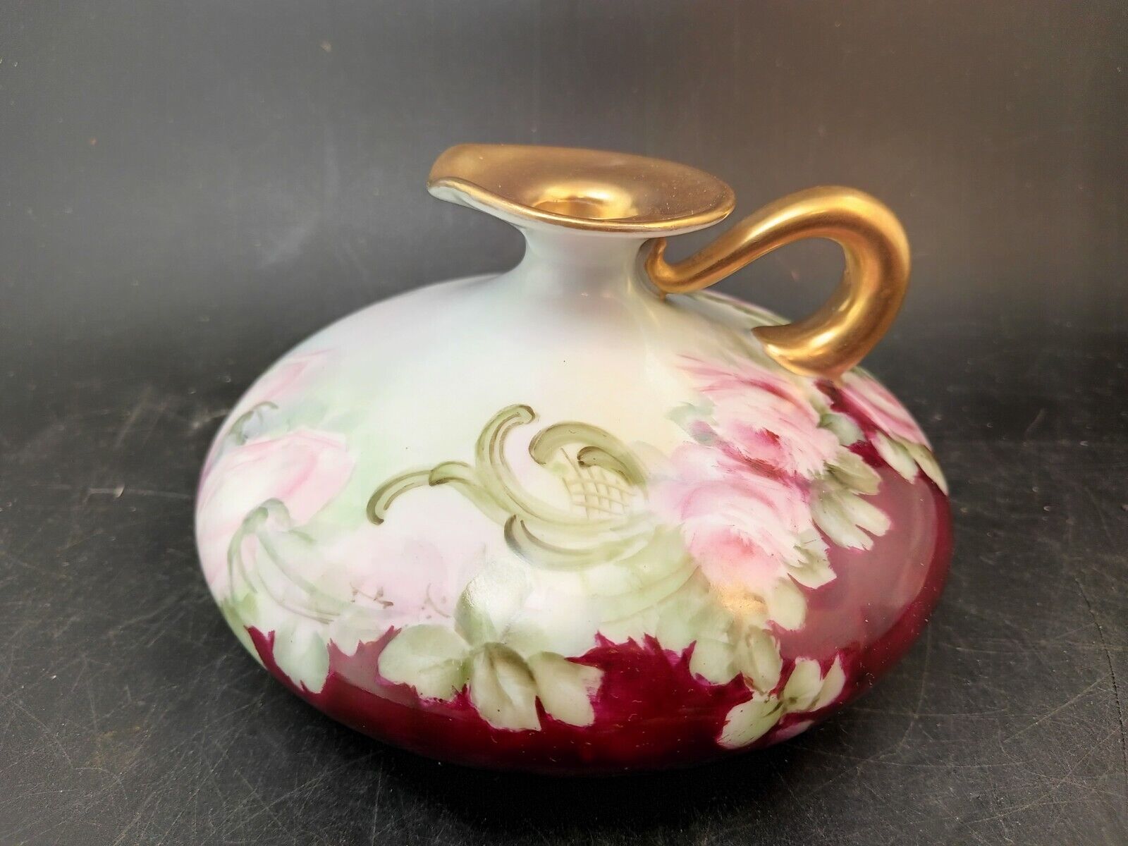 JPL Limoges Hand Painted Limoges Squat Vase Gold Antique L.G. Dusty Pink Rose
