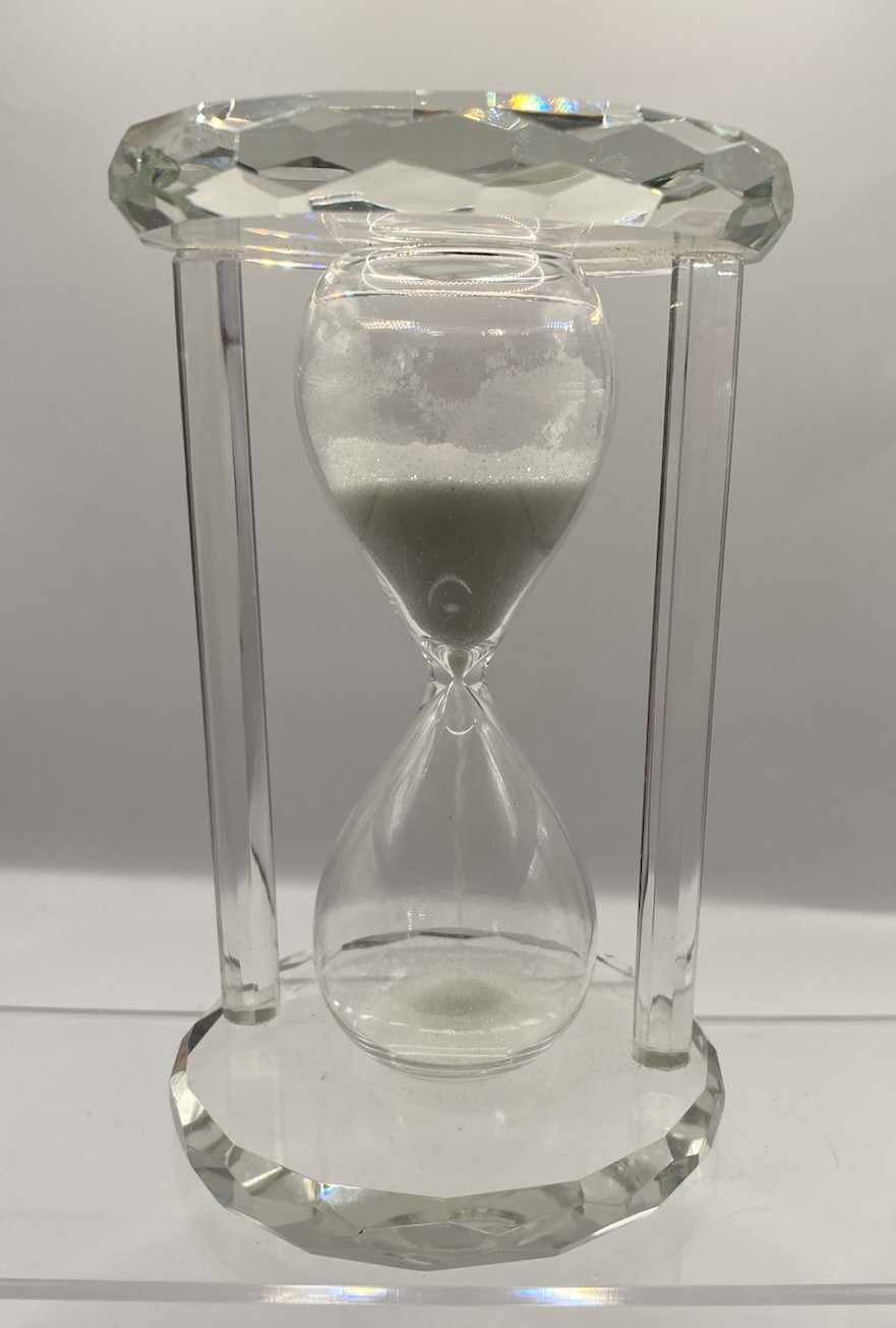 Vintage Clear Cut Crystal Hourglass Paperweight White Sand Elegant Timepiece