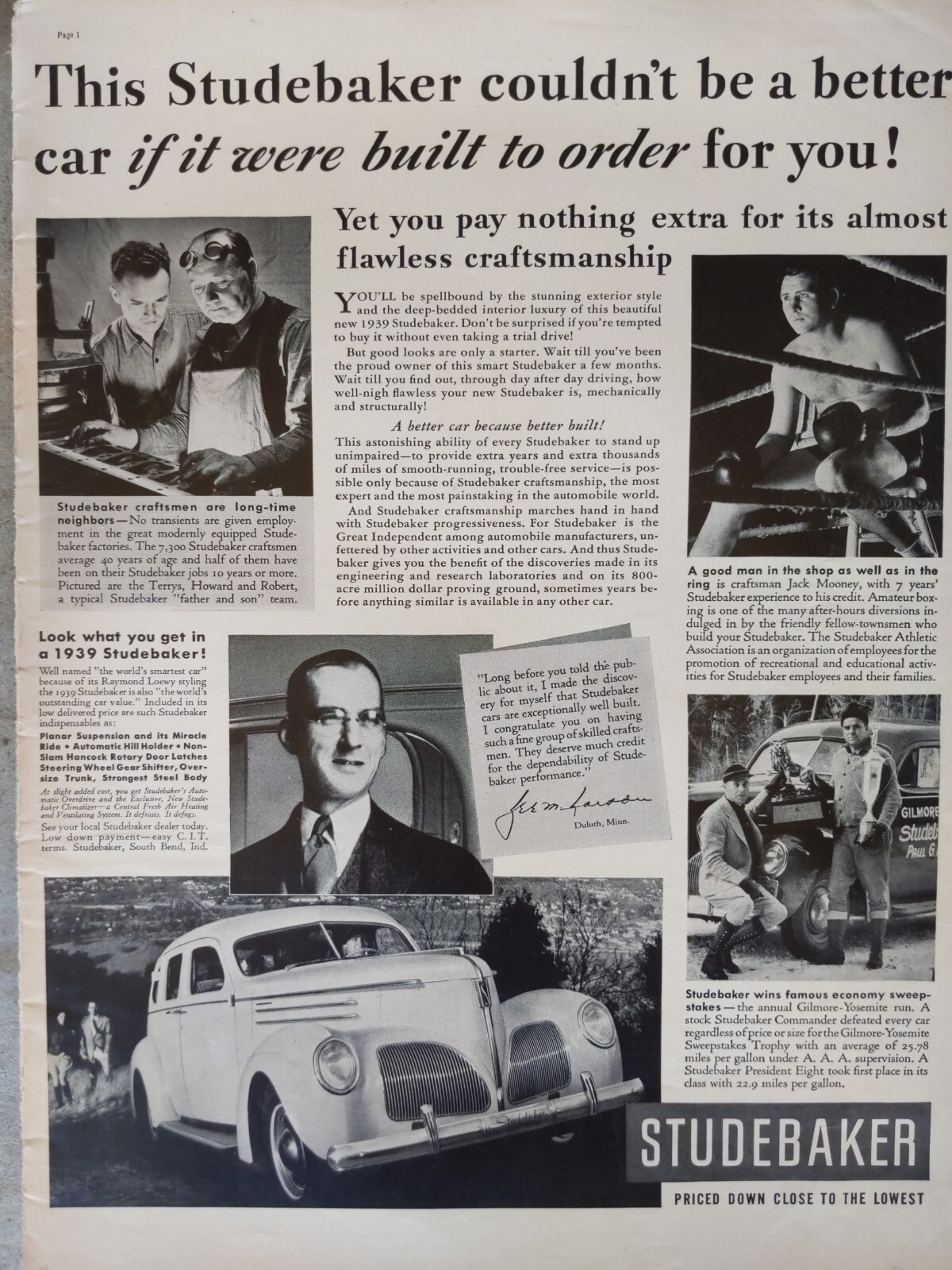1939 vintage Studebaker automobile print ad, Craftsman Jack Mooney