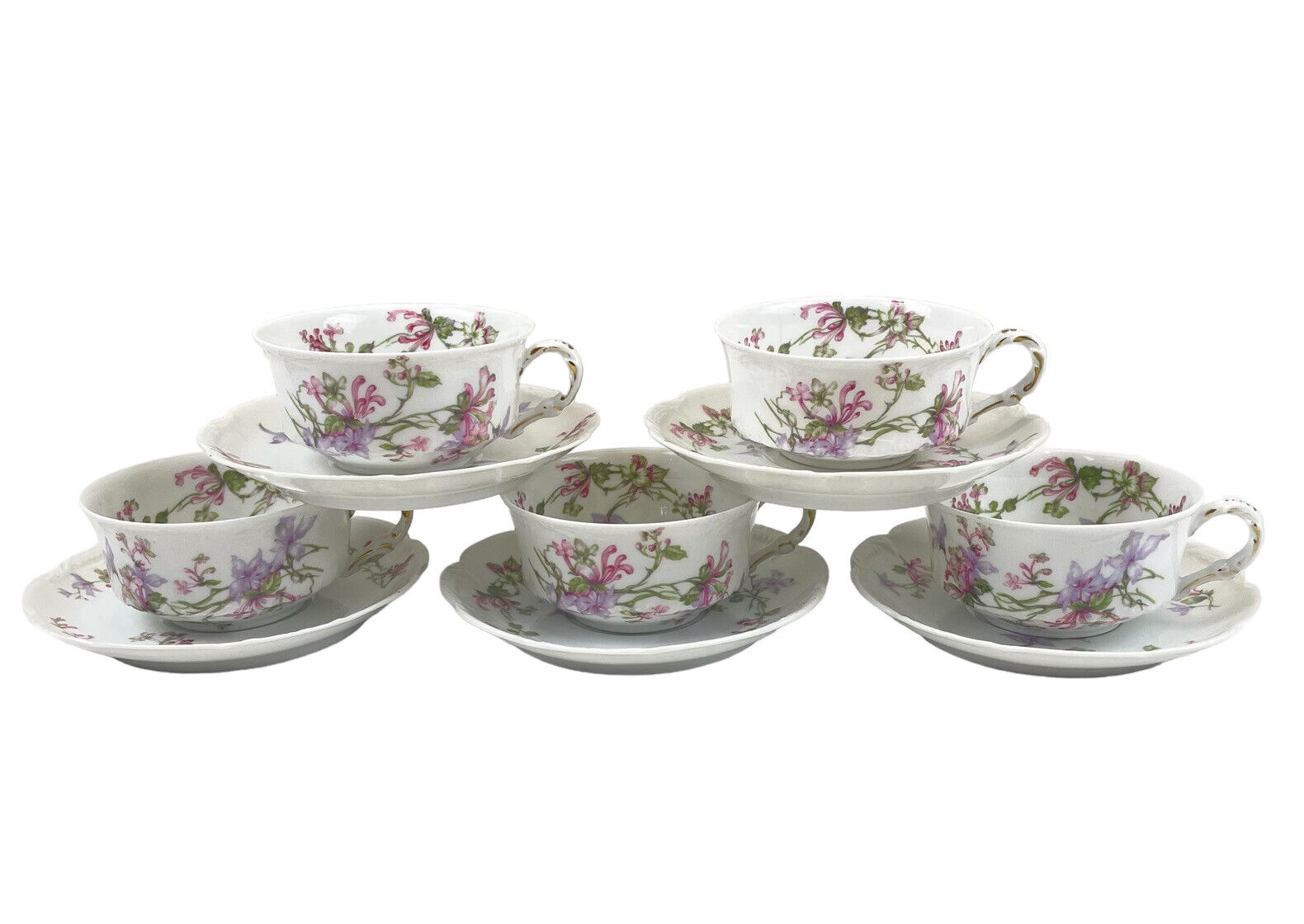HAVILAND & CO LIMOGES Pink Purple Flower Gold Cup and Saucers 5 Sets (10 Pieces)