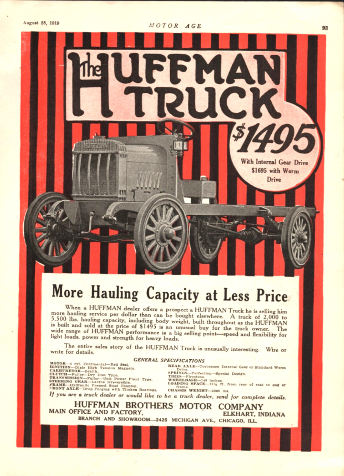 1919 THE HUFFMAN TRUCK: $1,495 antique magazine advertisement ELKHART, INDIANA