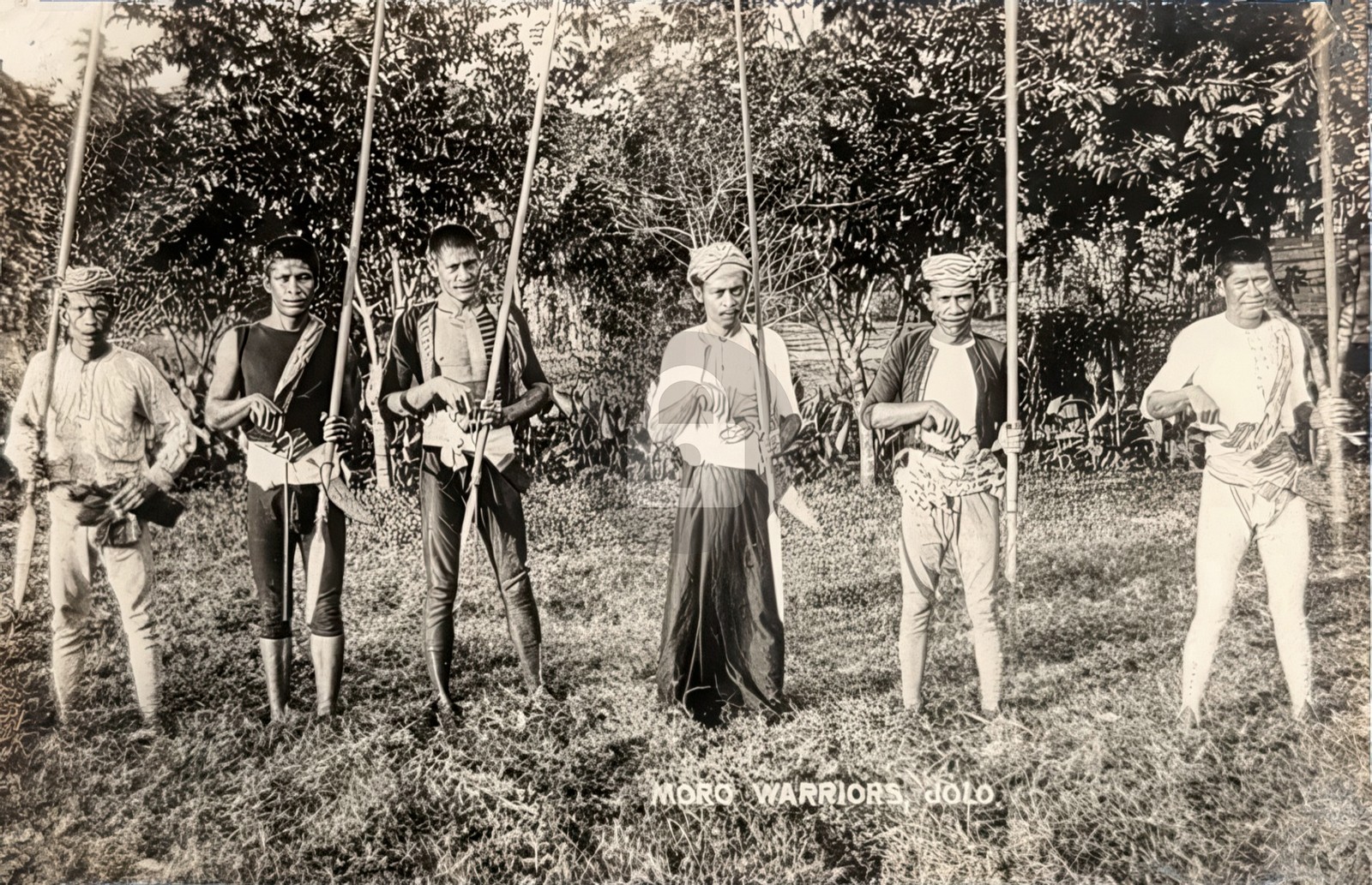 Moro Warriors Jolo Philippines w Spears & Barong Knives Back RPPC Postcard COPY