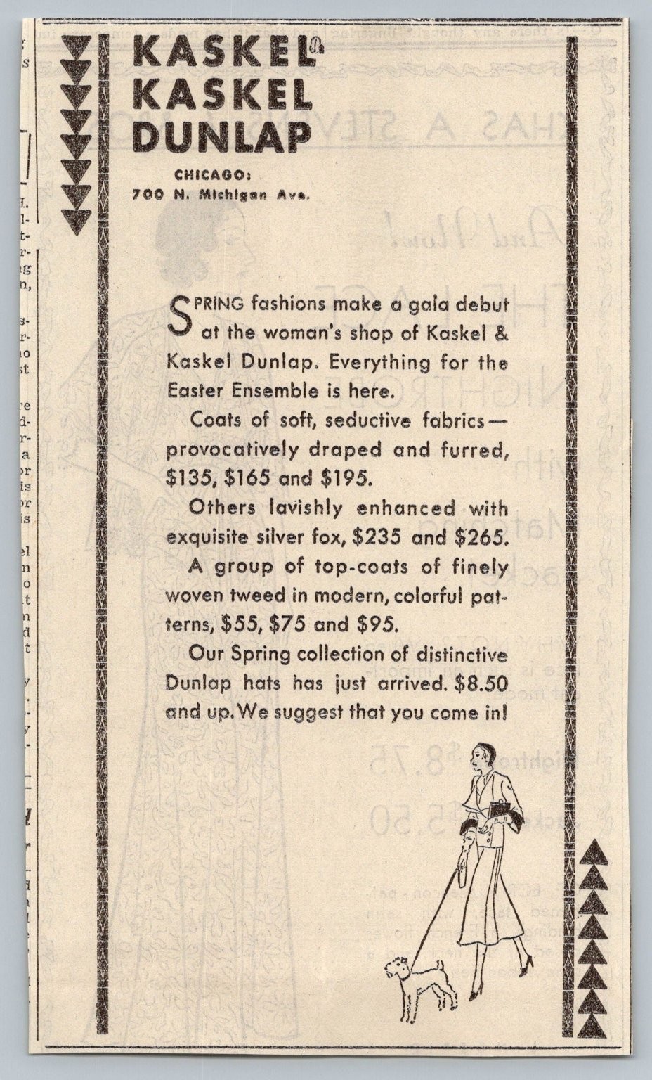 VTG 1931 Kaskel & Kaskel Dunlap Chicago Fashion Ad Michigan Ave Woman with Dog VTG 1931 Kaskel & Kaskel Dunlap Chicago Fashion Ad Michigan Ave Woman with Dog